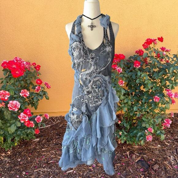 black cat Dresses & Skirts - fairy 90s iridescent lace trimmed beaded floral embroidered denim halter dress